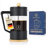 BONACE French Press Made of Glass, Coffee Maker for 4 Cups, Coffee Press 600 ml, Colour Black, 2 Replacement Stainless Steel Filters with Bamboo Coaster, BPA-Free, Gift Box (600 ml)