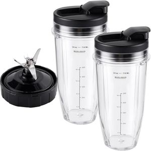 Equust 5-Piece Blender Replacement Parts 24oz Ninja Blender Cups with to-Go Lids, 7 Fins Extractor Blade Compatible with Nutri Ninja Auto iQ Blenders BL2012 BN801 BL480 BL682 BL642