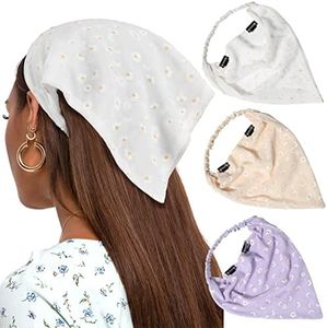 AWAYTR Elastic Hair Scarf Headband 3 PCS Head Scarves with Hair Clips Kerchief Hair Bandanas Headband for Women (White/Beige/Purple)