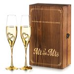 NUPTIO Crystal Champagne Flutes Wedding: Set of 2 Gold Champagne Glasses with Wooden Gift Box Prosecco Glass Pair for Couples Bride & Groom Engagement Anniversary Bridal Showers Toasting Gift Sets