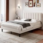 BTM Double Bed, Upholstered Double Bed with Adjustable Headboard, Solid Wood Slat and Mute Foam, 4FT6-135x190cm Double Bed Frame (No Mattress), Beige Velvet Bed