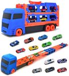 Cugybue Transport Truck Toys Cars,Truck Toys for Kids 3-8,Portable Race Track Truck Toy Car with 12 Race Cars,Best Present Carrier Truck Vehicles Toys Set for Kids Boys Girls,Blue