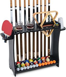 XCSOURCE Pool Stick Holder Floor Stand,2-IN-1 Cue Rack & Ping Pong Paddle Holder,100% Solid Wood Holds 9 Cues Full Set of Balls,Billiards and Table Tennis Accessories,Game Room Black IK300401