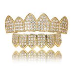 COLORFUL BLING 18k Gold Plated All Iced Out Luxury Cubic Zirconia CZ Teeth Grillz Set Top & Bottom Grill Removable Hip Hop Halloween Party Gothic Accessories with Extra Molding Bars, crystal Metal,