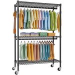 FTEYUET Clothes Rail with Storage Shelves, Heavy Duty Rolling Clothing Rail Clothing Rack Wardrobe Closet with Double Rods/Lockable Wheels & 2 Pairs Side Hooks, 47”Wx17.7”Dx80.7”H, Black