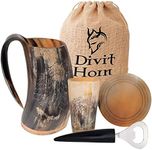Divit Genuine Viking Drinking Horn Mug, Shot Glass, Bottle Opener & Coaster (4 Pc. Set) | Authentic Medieval Beer Horn Tankard | Horn Cup/Stein | Burlap Sack Included (Fenrir | Natural, 650-700 ml)