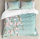 Ambesonne Weeping Flower Duvet Cover Set, Freshly Blooming Cherry Blossom Branches Buds, Decorative 3 Piece Bedding Set with 2 Pillow Shams, Queen Size, Mint Pale Pink and Taupe