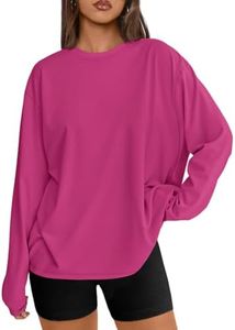 Trendy Queen Womens Spring Tops Oversized Long Sleeve T Shirts 2026 Basic Tee Fall Casual Workout Y2K Clothes HotPink L