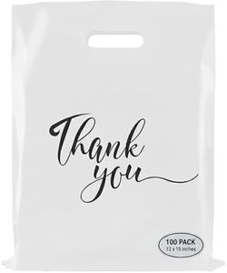 Rainbows & Lilies 100 Thank You Plastic Bags with Handles - 12"W x 15"H Thick Reusable Bulk Shopping Bags for Business, Retail Merchandise, Boutique Gifts, Clothing Store, Goodie Party Favors (White)