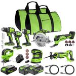 Greenworks 24V Cordless Brushless 8PCs Combo, Drill+Impact Driver+Circular Saw+Recip Saw+Jig Saw+Sander+Flashlight+Oscillating Tool (2) 2.0Ah+4.0Ah Batteries (24,000mAh Power Bank) 65W USB-C Charger