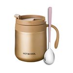 Potency Office Coffee Mug with Spoon, Insulated Coffee Cup with Lid,Vacuum Insulation Stainless Steel Reusable for Hot Cold Coffee,Tea, Thermal Mug with Non-Slip, Spoon Color-Random (Gold, 350 ML)