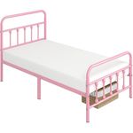 costoffs Metal Bed Frame 3ft Single Vintage Iron Platform Bed with High Headboard and Footboard, Pink