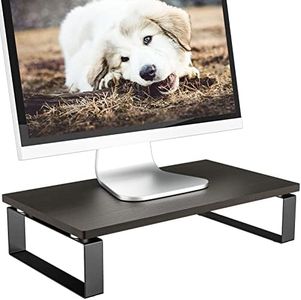 furduzz Monitor Stand Riser for Computer Screens/Laptop/Notebook iMac/Printer, 43cm Desktop Stand with Dual Metal Leg and Non-Skid Rubber, Black Brown Wooden Shelf Organizer for Office Desk Accessories