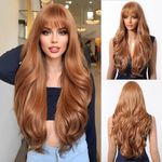 Esmee Long Wavy Strawberry Blonde Wig with Bangs for Women Natural Synthetic Hair Heat Resistant Wigs for Daily Party Cosplay Wear 26 Inches