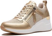 Viscozzy High Heel Wedge Sneakers for Women, Gold, 8.5