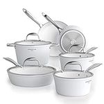 COOKSMARK Nonstick Ceramic Cookware Set, Induction & Dishwasher Safe Scratch-Resistant Pots and Pans Set with Glass Lids 10 Pieces, White