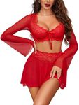 Avidlove Women's Sexy Contrast Lace Mesh Lingerie Set 3pcs Bell-Sleeved Top Lingerie Skirt Red