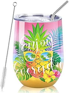 NymphFable 12oz Stainless Steel Wine Tumbler With Straw And Lid Pineapple On Vacation Insulated Wine Glass Double Wall