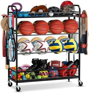 EXTCCT Garage Sports Equipment Organizer - Rolling Ball Storage Bin with Wheels, Garage Sports Gear Rack Outdoor Basketball Racks for Balls with Baseball Bat Holder and Hooks, Toy Organizer