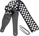 Guitar Strap, Bass Guitar Strap, Electric and Acoustic Guitar Straps - Durable Nylon Checkered Guitar Shoulder Strap with Leather Ends (Black and White Checkered)