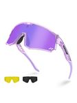 Excoutsty Polarized Sports Sunglasses for Men Women,UV400 Sports Windproof Cycling Sunglasses with 3 Interchangeable Lenses (Transparent Purple)