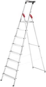 Hailo L60 StandardLine Aluminum Safety Step Ladder - Folding Ladder With 8 Steps, 330 lb Capacity - Stable Guide Pillar, Shelf Included - Made in Germany, Stainless - Silver