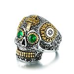 ANAZOZ Ring Stainless Steel Men's Skull Ring Cross Skull Ring with Green Eyes Ring Man Gold Green Silver Ring Size Z