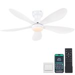 Kviflon 44 Inch Ceiling Fans with Lights, Modern Flush Mount Ceiling Fans with Remote/APP Control, Low Profile Ceiling Fans with 5 Reversible Curved Blades LED Lights 3 CCT Dimmable 6 Speeds, White