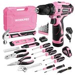 WORKPRO Pink Tool Set with Power Drill, 108PCS Portable Ladies Pink Drill Kit for Home with Toolbox and Pink Hammer, 1.5 Ah Cordless Drills with Keyless Chuck and Variable Speed Trigger