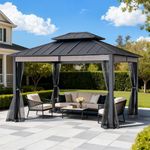 SUNJOY 3.6x3 m Hardtop Metal Garden Gazebo, 2-Tiers Steel Roof, with Mosquito Netting & Wood-Look Beams, UV Resistance, Outdoor Heavy-Duty Permanent Patio Party Shelter