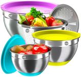 Mixing Bowls with Airtight Lids, Stainless Steel Mixing Bowl Set with 3 Metal Nesting Bowls, Colander & Grater, Non-Slip Bottoms, Size 1.5, 2.5, 6 QT, Great for Mixing & Serving, Mutilcolor