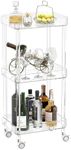 HMYHUM Small Acrylic Bar Cart, 15.2" L x 11.2" W x 34.2" H, 3 Tier Mini Rolling Serving Cart with 4 Lockable Wheels for Home Bar, Kitchen, Living Room, Modern, Clear