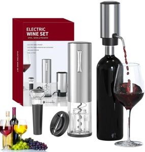 Electric Wine Opener & Wine Aerator Wine Lovers Gift Set (Silver) | Electric Wine Aerator, Foil Cutter,Wine Stopper, Stainless Steel Electric Wine Bottle Opener for Home Christmas Wine Lovers