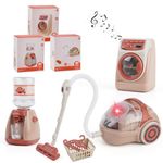 Kids Washer and Dryer Playset Toy Washing Machine,Vacuum Cleaner &Water Dispenser,Dollhouse Furniture Pretend Play Household Appliance Realistic Sounds with Lights Laundry Play Set