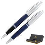 Cross Pen Set | Engraved Cross Calais Twist Action Ballpoint and Capped Rollerball Double Pen Gift Set with Case - Blue Laquer with Chrome Trim. Engraved Business Gift for Men or Women.