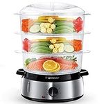 Aigostar 3 Tier Food Steamer, Electric Vegetable Steamer with BPA Free Baskets and Rice Bowl, 9 Litre, Stainless Steel Base, 800W, Energy Saving, Silver