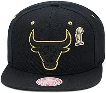 Mitchell & Ness Chicago Bulls Snapback Hat Adjustable Cap - Black/Gold Metal Pin, Black, Gold, One Size