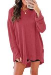 WNEEDU Womens Waffle Knit Long Sleeve Tunic Tops Crewneck Casual Fall Pullover Sweatshirts 2024 Side Slits Shirt Red L