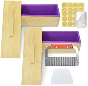 Artcome 42oz Soap Loaf Molds 2 Sets Rectangular Silicone Moulds Wooden Box with Lid, DIY Soap Making Supplies with with Stainless Steel Wavy Scraper and Plastic Straight Cutter