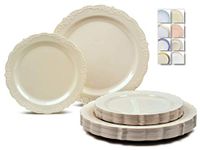 " OCCASIONS " 120 Plates Pack,(60 Guests) Vintage Wedding Party Disposable Plastic Plates Set -60 x 10'' Dinner + 60 x 7.5'' Salad/Dessert (Verona Plain Ivory)