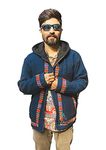 ARUNA KULLU HANDLOOM Woolen Standard Length Jacket Unisex Fleece Lined Warm Wool Hippy Hoodie Winter Jacket Kulluvi Hoodie Unisex Boho Jacket for Autumn and Winter (Blue, Medium)