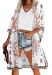 Swimsuit Cover Up for Women Chiffon Shawl Wraps Shorts Sleeve Bohemian Casual Cardigan(White & Khaki,L)