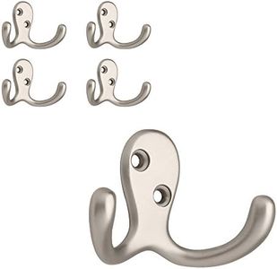 Franklin Brass (5-Pack) Double Wall Hooks 2-Prong Coat/Hat Matte Nickel Hooks for Hanging Wall Mount Hanger Clothes, Purse, Bag, Towel Organization Decorative Wall Hooks FBDPRH5-MN-C