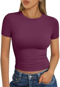 Trendy Queen Womens Short Sleeve T Shirts - Buttery Soft Summer Crop Tops Slim Fit Y2k Basic Tees for Workout Mulberry XS
