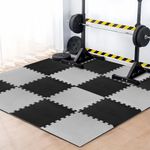 EASYHOME Gym Mats for Floor for Home and Living Room, Interlocking Rubber Floor Gym Mat for Exercise, Super Absorbent EVA Foam Mat- 60x60cm - 12mm Thickness, Black & Grey (8 Tiles - 32Sqft)