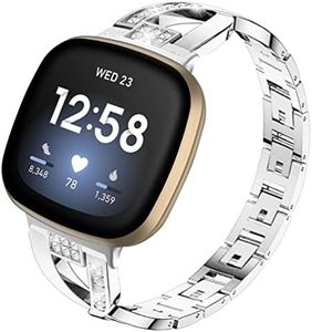 Bling Band Compatible for Fitbit Versa 4 / Versa 3/ Fitbit Sense 2/ Sense Band, Women Metal Replacement Bracelet Jewelry Strap Wristband for Fitbit Versa 4/Versa 3 /Sense 2/Sense Smartwatch (Silver)