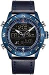 NAVIFORCE Mens Waterproof Sport Watches Leather Digital Analog Watch Luxury Casual Dual Time Wristwatches (Blue)