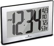 MARATHON Atomic Wall Clock with Stand, Black Frame/Stainless Steel Finish - Large, 9-Inch Display - AM/PM or 24-Hour Time Format, Eight Time Zones & Indoor Temperature - Two AA Batteries Included