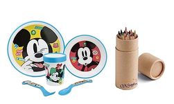 Mickey Mouse Microwave Safe Cartoon Character Non Slip Bicolor Premium Dinner Tableware Set for Children Plate, Bowl, Cup, Spoon, Fork BPA Free re-usable Plastic (Mickey)