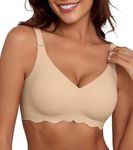 Xcutting Womens Comfortable Wireless Bras Push Up Seamless Bralettes Soft V Neck Brassiere Scalloped Full Coverage Everyday Bra with Bra Extender (Nude,X-Large)